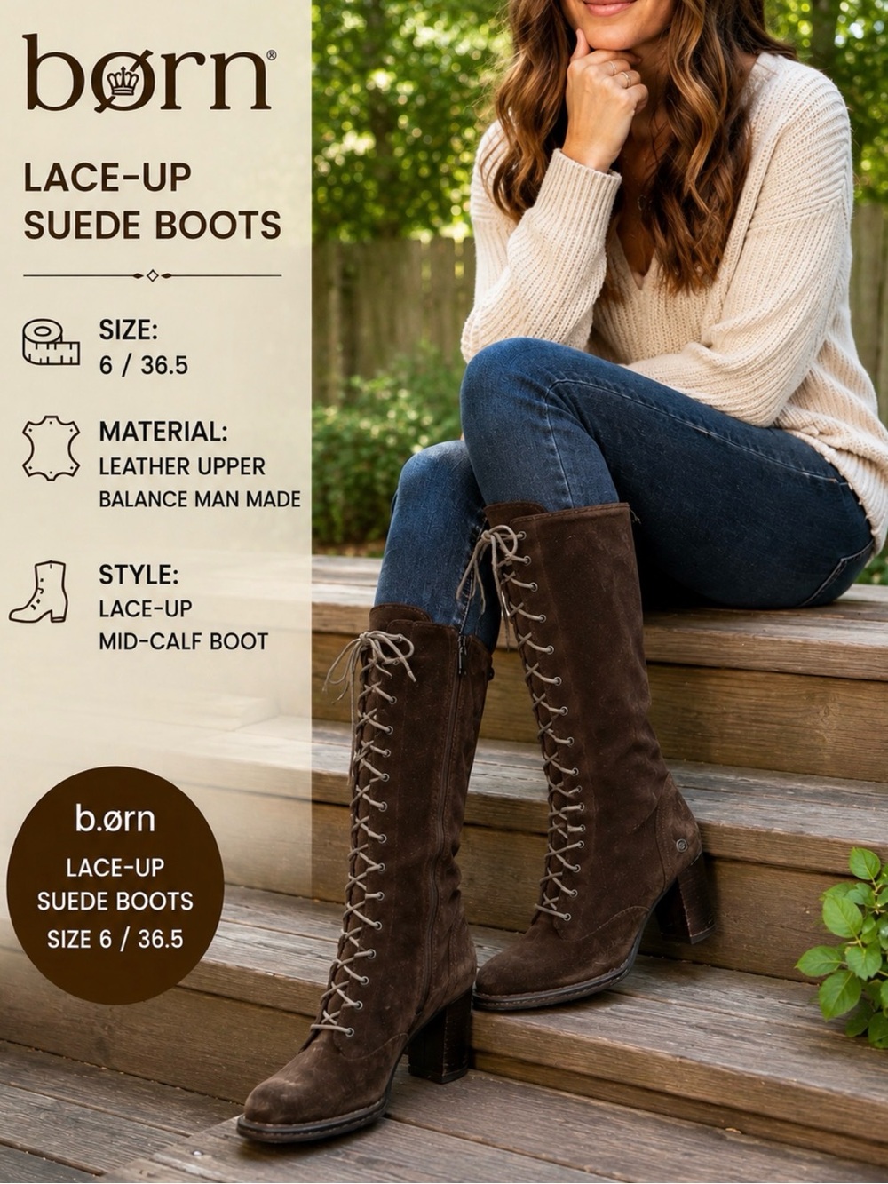 Born SUSSEX LACE UP/SIDE ZIP KNEE HIGH SIZE 6 36.5 Brown SUEDE BOOTs Block Heel